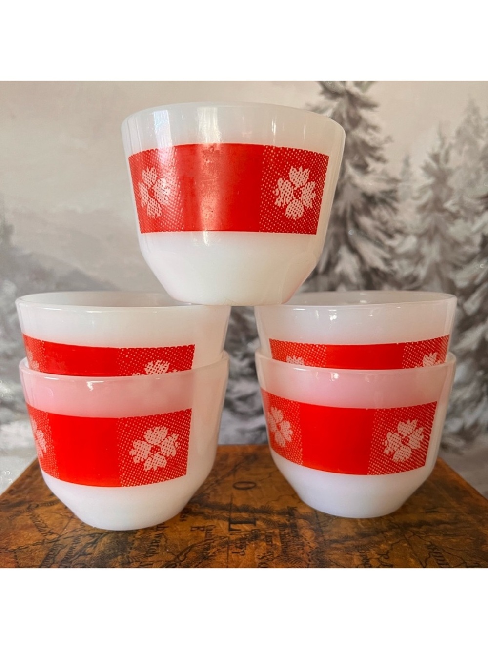 MCM Red Gingham Pudding Set by Federal Glass Co, Milk Glass